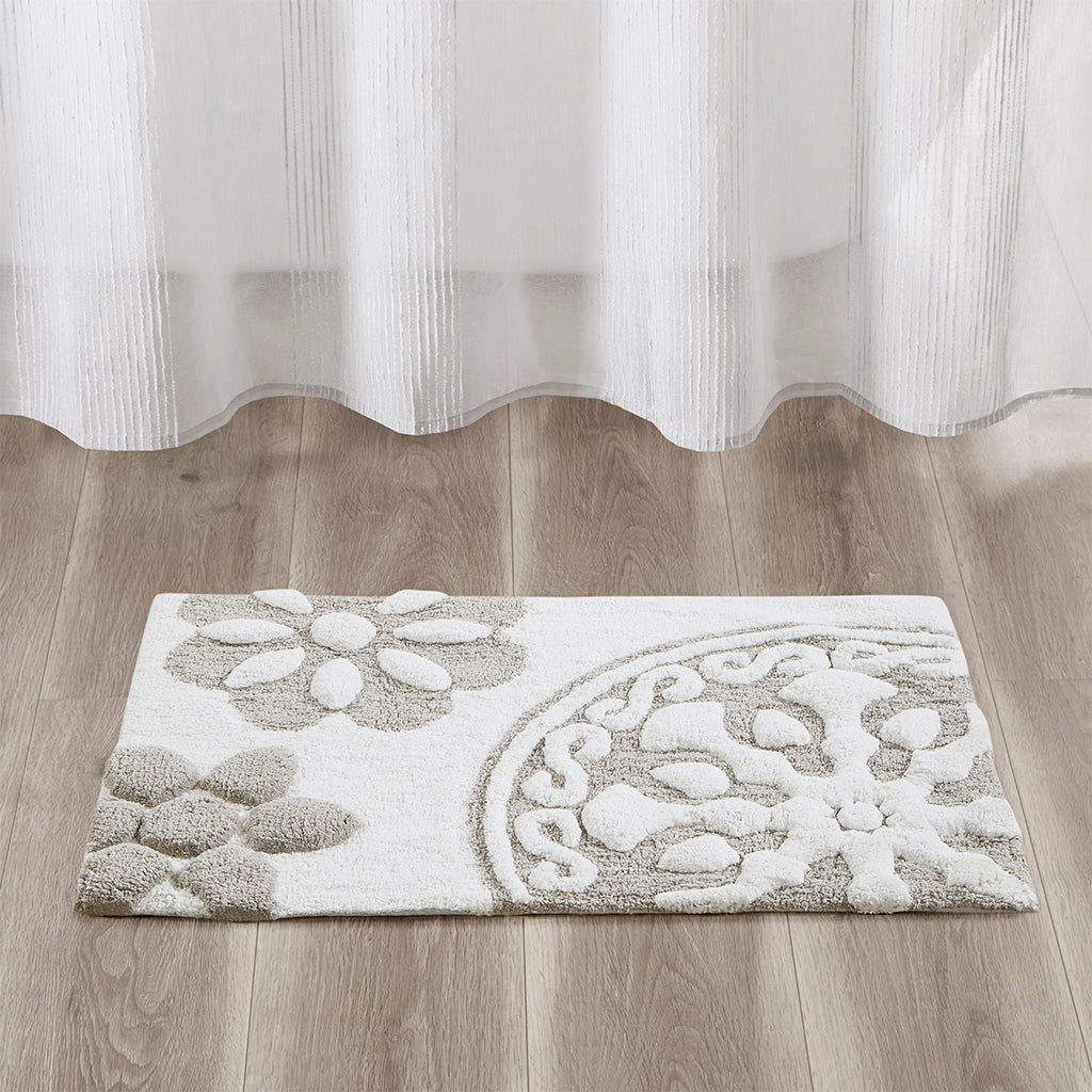 30-in x 20-in Taupe Medallion Cotton Tufted Bath Rug Bath Mat Quick Dry