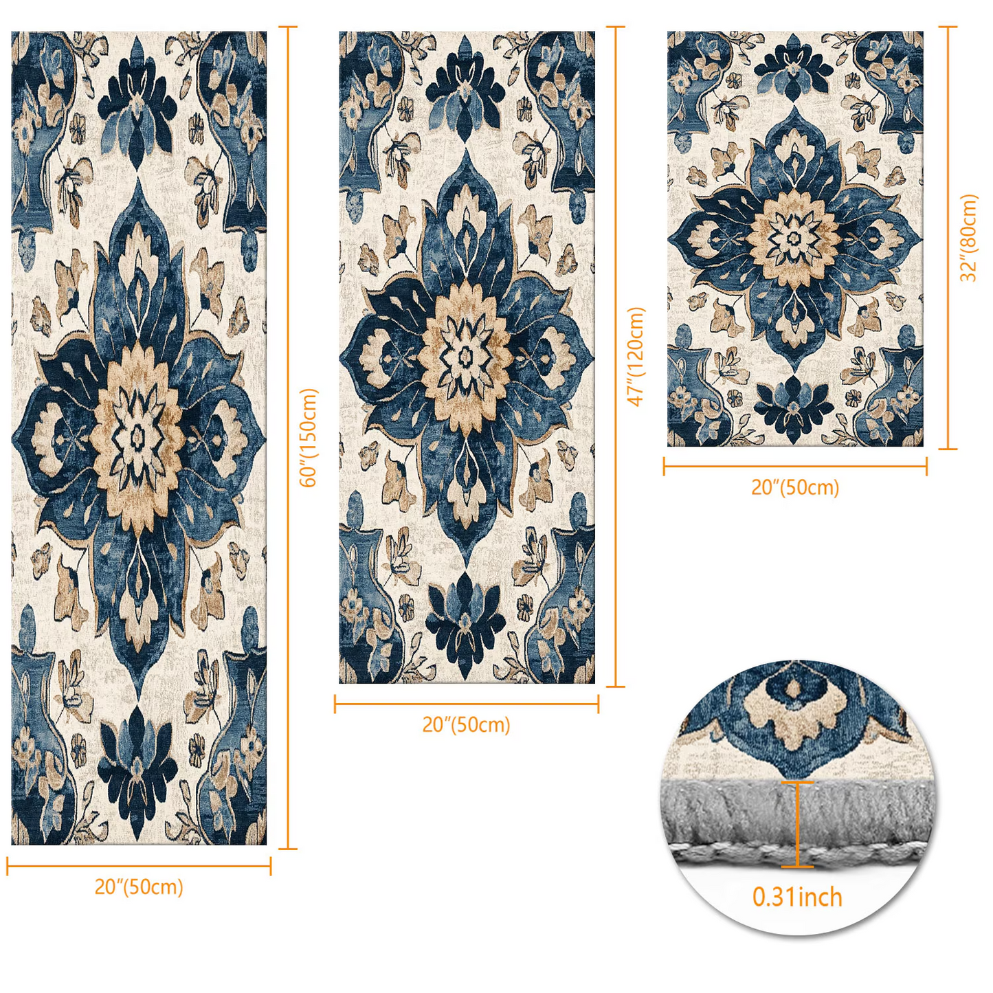 3-Piece Indoor Mats Set Non-Slip Washable Runner Mats Soft Floor Mats for Kitchen Laundry Hallway and Entryway 20x32in 20x47in 20x60in