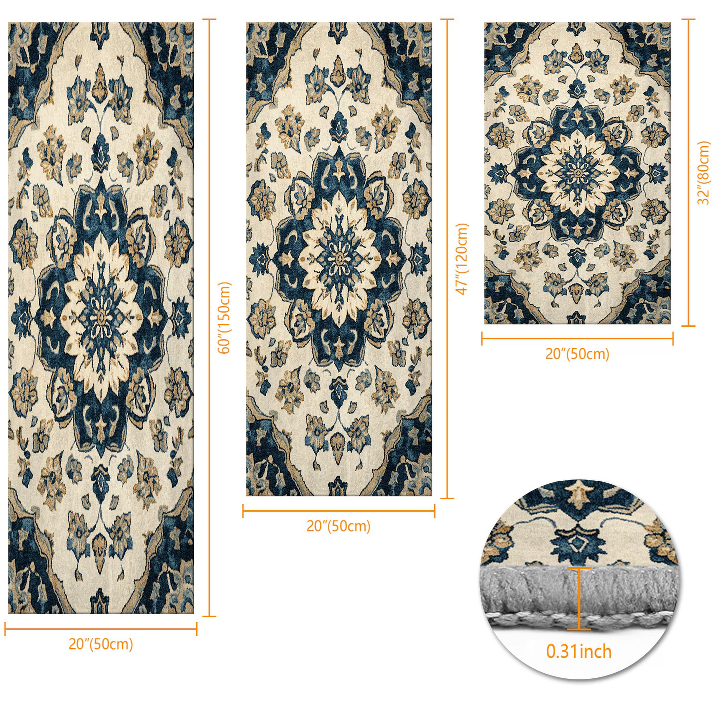 3-Piece Indoor Mats Set Non-Slip Washable Runner Mats Soft Floor Mats for Kitchen Laundry Hallway and Entryway 20x32in 20x47in 20x60in